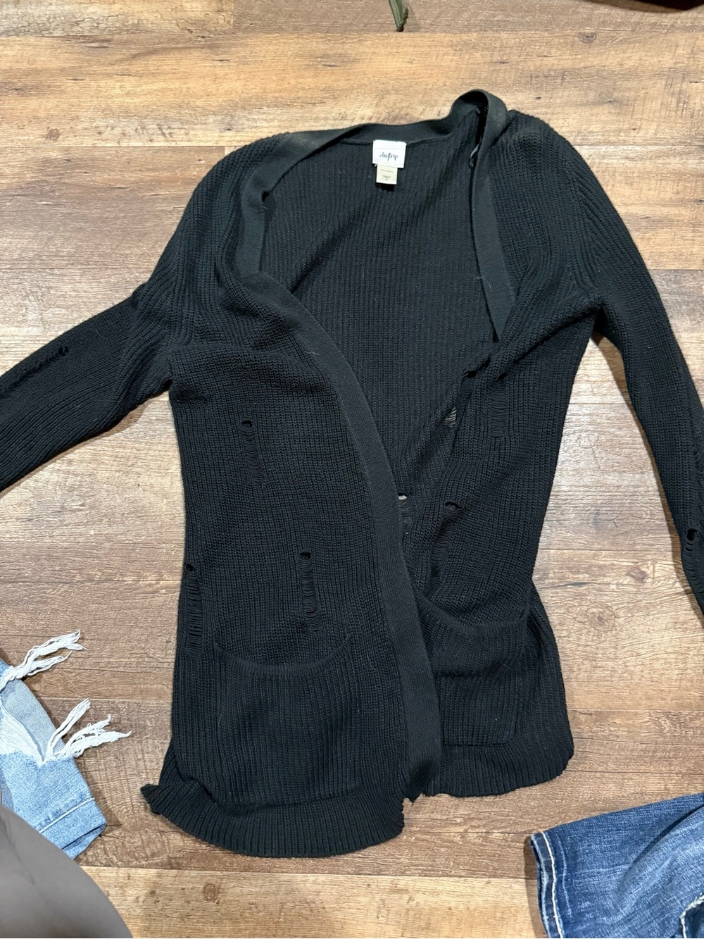 Daytrip Black Open-Front Ribbed Cardigan with Pockets